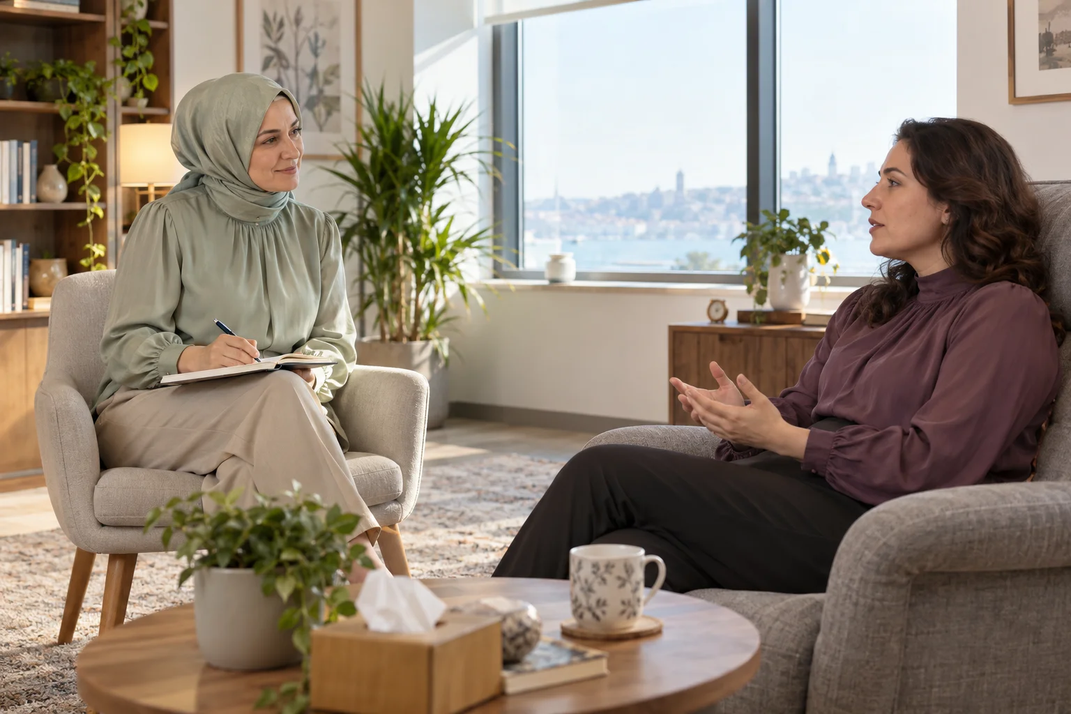 Başörtülü kadın uzman ve kapalı yakalı giysili kadın danışanın rahat mesafeyle yüz yüze terapi görüşmesi